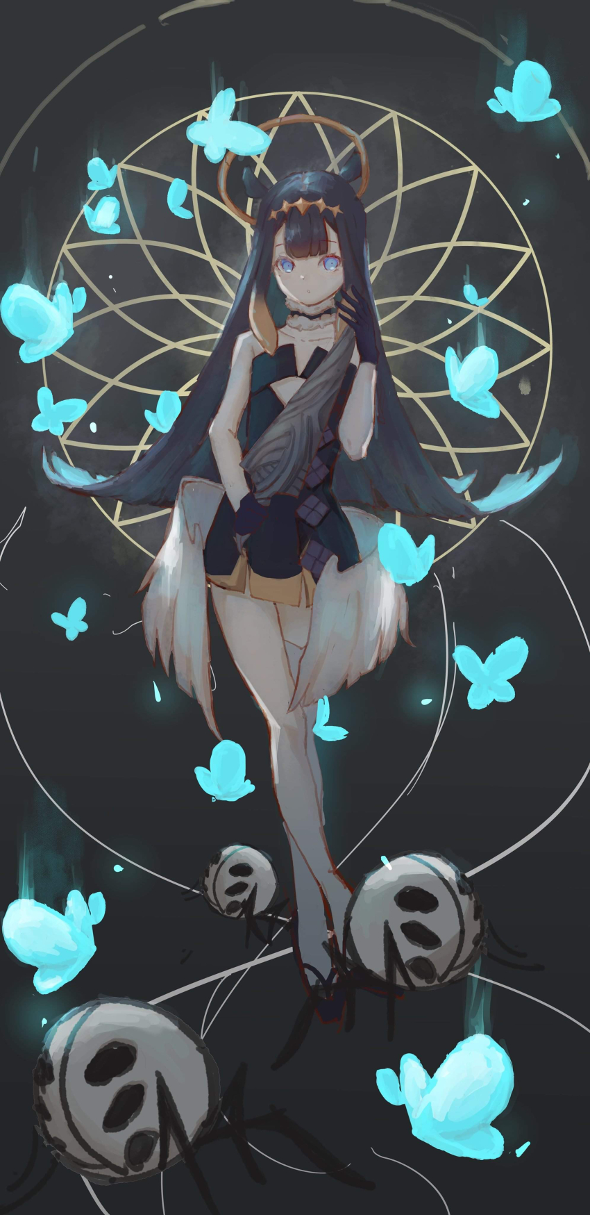 1girl, absurdres, black_collar, black_dress, blue_butterfly, blue_eyes, brianlee709, bug