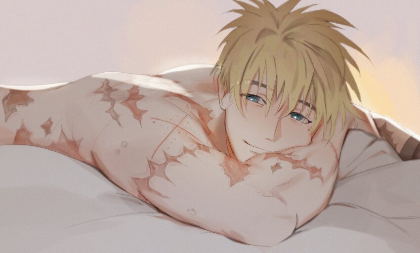 1boy, absurdres, arm_pillow, back, blonde_hair, blue_eyes, closed_mouth, commentary, english_commentary, gradient_background, hair_between_eyes, highres, lying, male_focus, mole, mole_under_eye, multiple_scars, on_stomach, radial_gradient_background, scar, scar_on_arm, scar_on_back, scar_on_hip, scar_on_stomach, scars_all_over, shoulder_blades, smile, solo, thy_tin, too_many, trigun, upper_body, vash_the_stampede