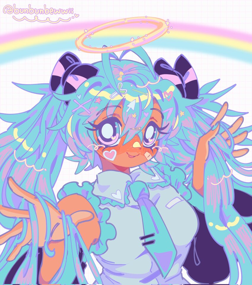 1girl, alternate_skin_color, aqua_eyes, aqua_hair, aqua_necktie, artist_name, bandaid, bandaid_on_face