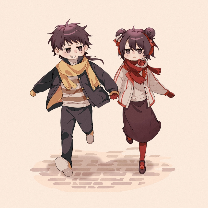 1boy, 1girl, absurdres, animal_earmuffs, black_eyes, black_hair, black_jacket, black_pants