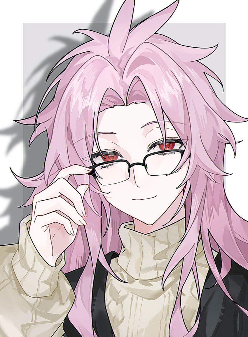 1boy, adjusting_eyewear, black_vest, cable_knit, chinese_commentary, closed_mouth, commentary_request, curtained_hair