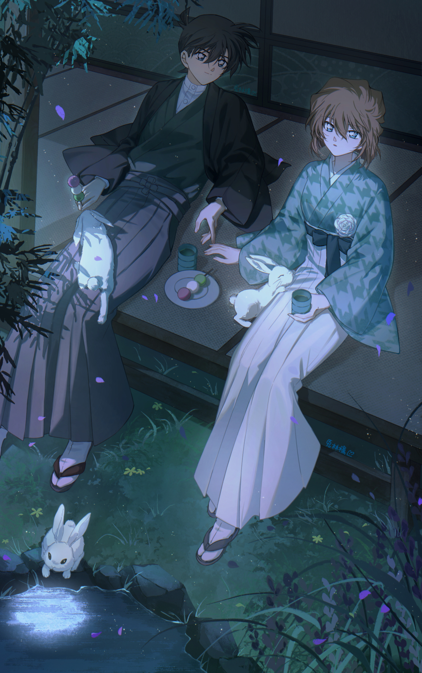 1boy, 1girl, absurdres, alternate_costume, animal, black_hair, black_kimono, blue_eyes