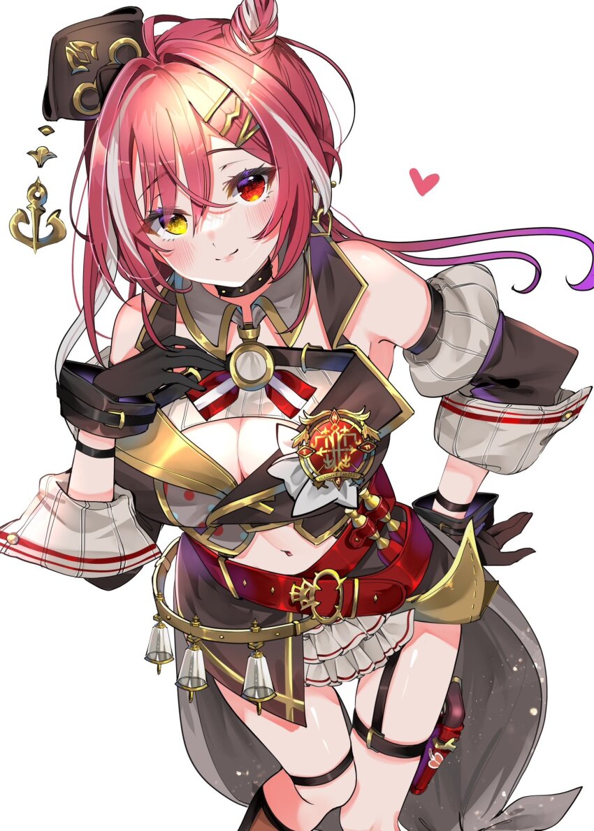 1girl, belt, black_gloves, breasts, cleavage, closed_mouth, cone_hair_bun, detached_sleeves, gloves, hair_between_eyes, hair_bun, hand_on_own_hip, hand_up, heterochromia, highres, hololive, houshou_marine, houshou_marine_(reality_fantasy), long_hair, long_sleeves, looking_at_viewer, multicolored_hair, navel, red_belt, red_eyes, red_hair, simple_background, skirt, smile, solo, streaked_hair, thigh_strap, virtual_youtuber, white_background, white_hair, yellow_eyes, yuanagae