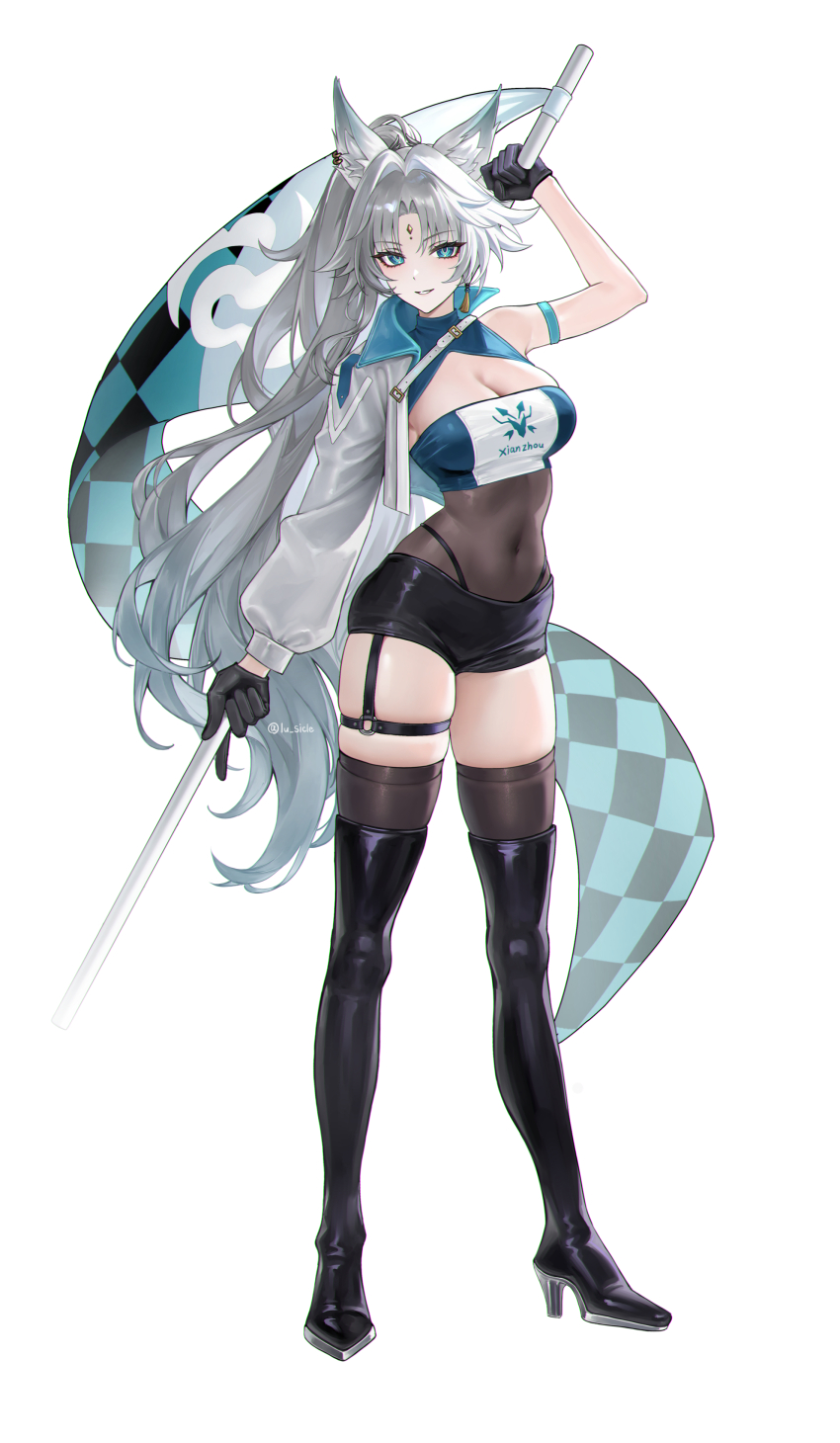 1girl, absurdres, alternate_costume, animal_ear_fluff, animal_ears, arm_strap, arm_up, black_gloves