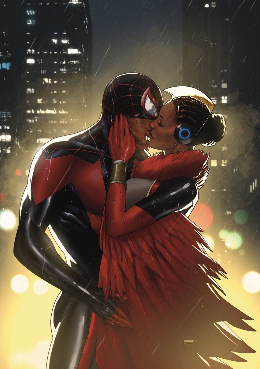 1boy, 1girl, black_bodysuit, black_hair, bodysuit, building, city, city_lights