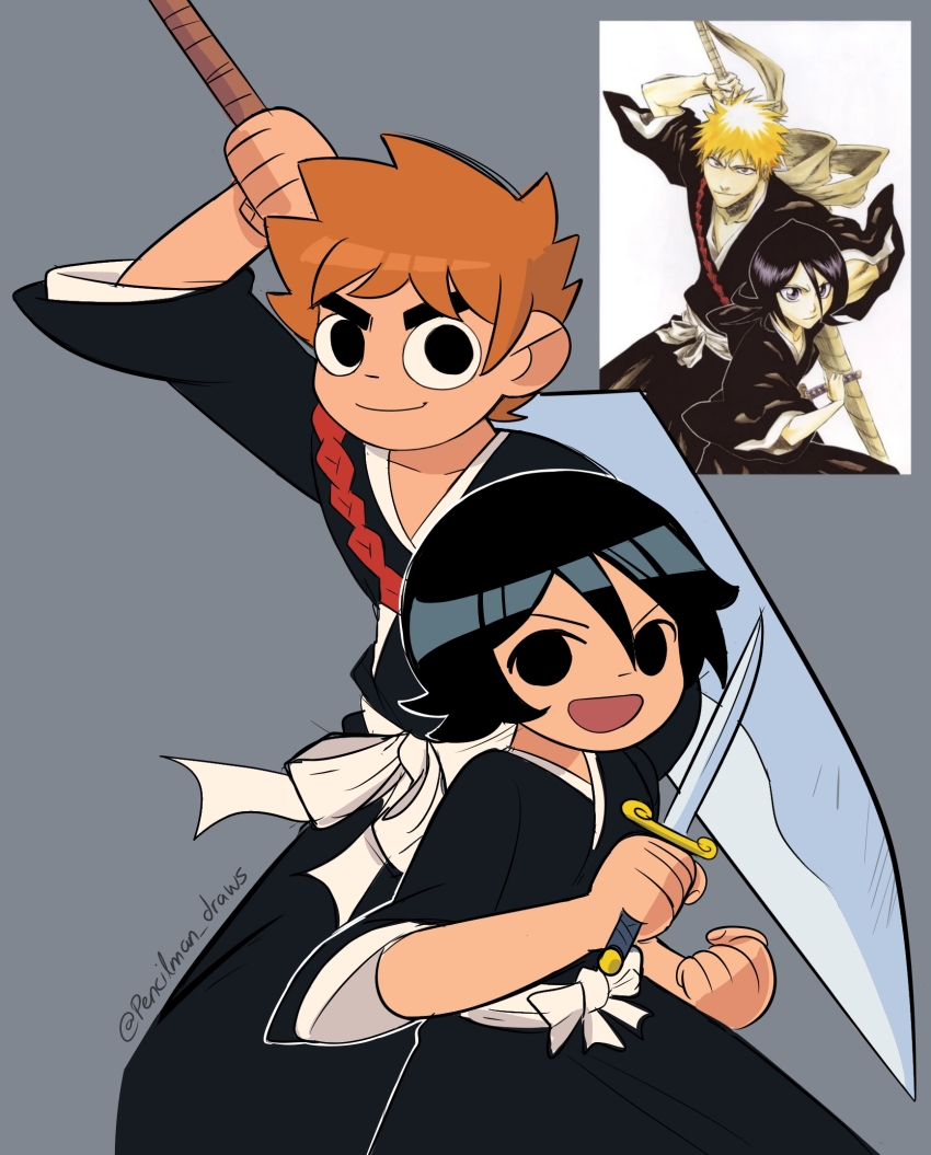 1boy, 1girl, black_eyes, black_hair, bleach, clenched_hand, commentary, cosplay