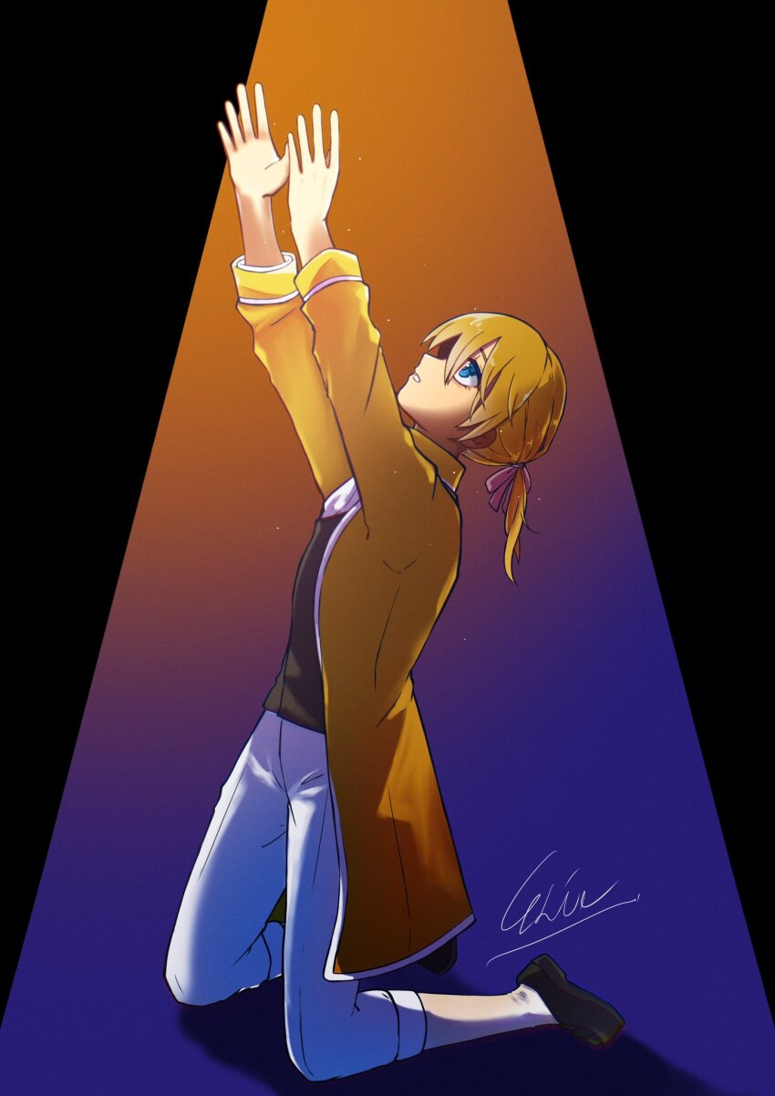 1boy, allen_avadonia, arms_up, ascot, black_shoes, blonde_hair, blue_eyes, brown_vest