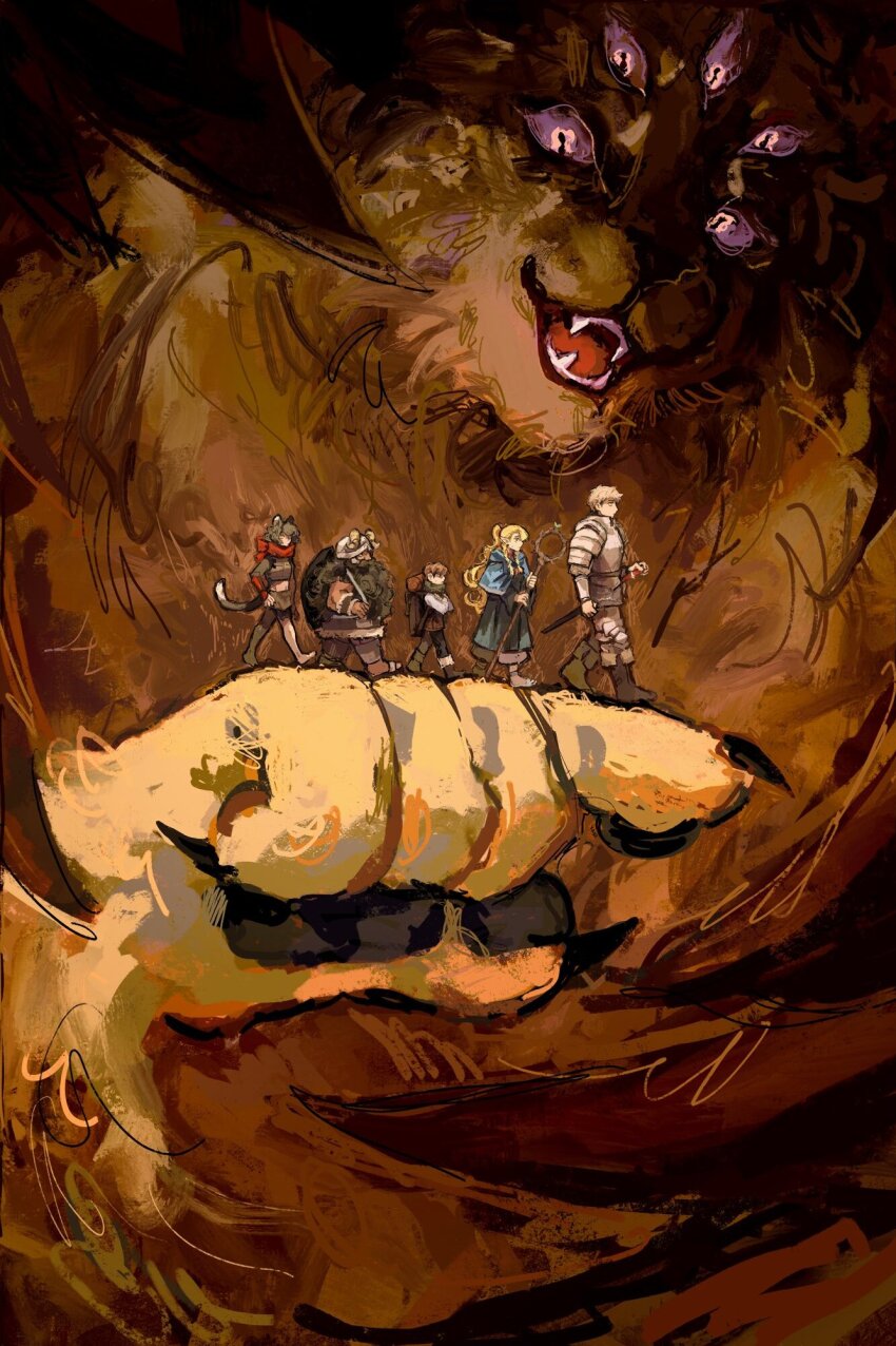 2girls, 3boys, ambrosia_(dungeon_meshi), animal_hands, arm_armor, armor, asymmetrical_bangs, bag, bare_arms, bare_legs, bare_shoulders, barefoot, beard, black_fur, black_hair, black_pants, blonde_hair, blue_capelet, blue_robe, bow, bracer, braid, brown_bag, brown_footwear, capelet, cat_girl, cat_tail, chilchuck_tims, choker, claws, closed_mouth, colored_sclera, cropped, crossed_arms, demon, dungeon_meshi, extra_eyes, facial_hair, fake_horns, fangs, full_armor, full_beard, full_body, fur-trimmed_kilt, furry, furry_male, green_scarf, hair_between_eyes, hair_bow, halfling, hand_on_own_hip, helmet, highres, holding, holding_staff, hood, hooded_capelet, horned_helmet, horns, izutsumi, knee_armor, laios_touden, leather_armor, lion, long_hair, long_sleeves, looking_ahead, looking_down, mane, marcille_donato, md5_mismatch, medium_hair, multiple_boys, multiple_girls, mustache, navel, open_mouth, pants, pointing, pointy_ears, ponytail, purple_sclera, red_bow, red_choker, red_scarf, robe, scabbard, scarf, senshi_(dungeon_meshi), shaded_face, sheath, shirt, short_hair, shoulder_armor, sidelocks, single_vambrace, spoilers, staff, sweatdrop, sword, symbol-shaped_pupils, tail, third-party_edit, toeless_footwear, twin_braids, undercut, upper_body, vambraces, weapon, white_eyes, white_loincloth, white_pants, white_shirt, winged_lion_(dungeon_meshi), wok, xaki_(chanxaki), yellow_fur