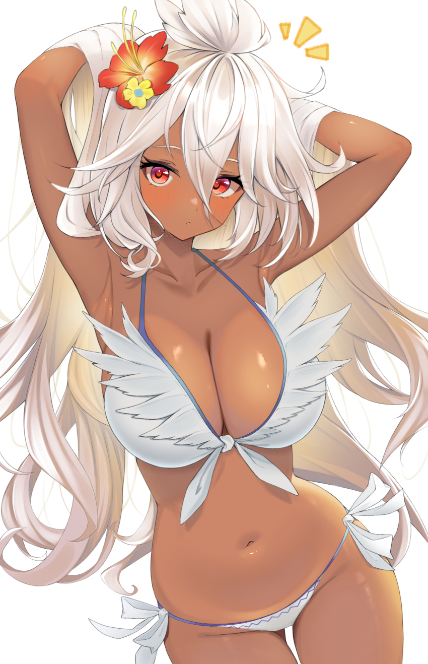1girl, ahoge, armpits, bikini, breasts, cleavage, commentary_request, dark-skinned_female, dark_skin, flower, front-tie_bikini_top, front-tie_top, granblue_fantasy, hair_between_eyes, hair_flower, hair_ornament, hair_spread_out, hands_in_own_hair, hibiscus, highres, long_hair, medium_breasts, navel, official_alternate_costume, red_eyes, side-tie_bikini_bottom, solo, swimsuit, torikun, white_bikini, white_hair, zooey_(granblue_fantasy), zooey_(summer)_(granblue_fantasy)