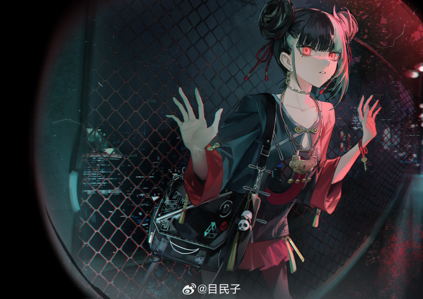 1girl, absurdres, against_glass, aqua_hair, bag, bag_charm, black_bag, black_hair