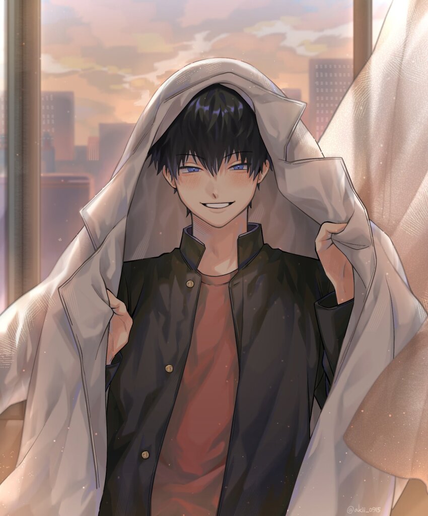 1boy, akii_0915, black_hair, black_jacket, blue_eyes, blush, city, cloud