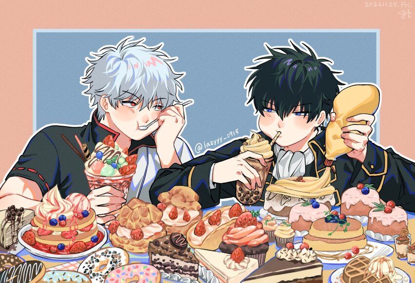 2boys, akii_0915, artist_name, ascot, black_hair, black_jacket, black_shirt, blue_background, blue_eyes, blueberry, border, cake, chocolate_cake, coffee, collared_shirt, cream, crepe, cup, cupcake, dated, disposable_cup, donut, drinking_straw, eating, food, fruit, gintama, grey_hair, hair_between_eyes, highres, hijikata_toushirou, holding, holding_crepe, holding_food, holding_spoon, holding_utensil, ice_cream, jacket, long_sleeves, male_focus, multiple_boys, open_clothes, open_jacket, outline, pancake, parsley, pink_border, plate, red_eyes, sakata_gintoki, shirt, short_hair, signature, spoon, strawberry, sweets, table, twitter_username, upper_body, utensil, utensil_in_mouth, wafer_stick, waffle, white_ascot, white_outline