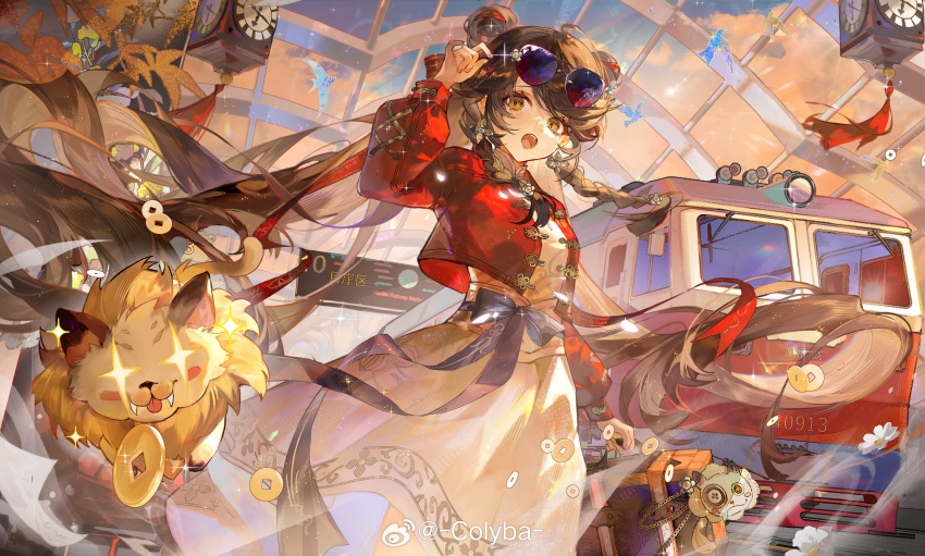 +_+, 1girl, :o, adjusting_eyewear, braid, brown_hair, cat, clock