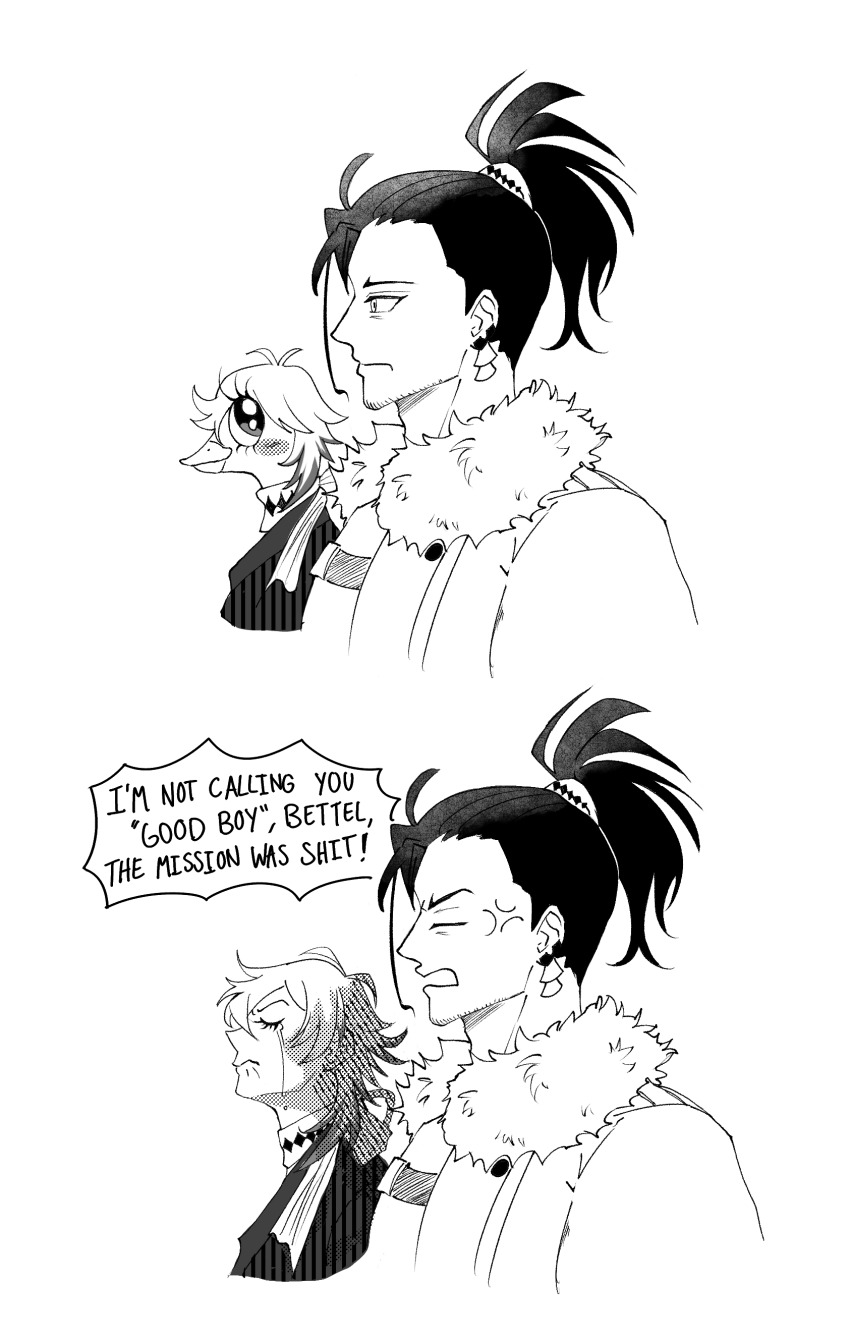 2boys, absurdres, anger_vein, beard_stubble, bird, blush, closed_eyes, crying, earrings, eyelashes, facial_hair, frown, fur-trimmed_jacket, fur_trim, gavis_bettel, goose, greyscale, high_ponytail, highres, holostars, holostars_english, i'm_not_calling_you_"good_boy"_(meme), ibisiro, jacket, jewelry, josuiji_shinri, looking_at_another, male_focus, meme, monochrome, multiple_boys, ponytail, sad, scarf, speech_bubble, stubble, tears, virtual_youtuber