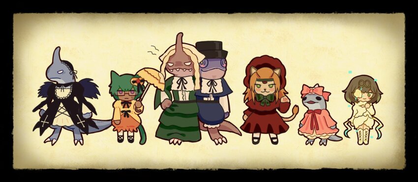 2girls, 4boys, 50qianmi, :3, animal_ears, bakool_ja_ja, bonnet, cat_ears