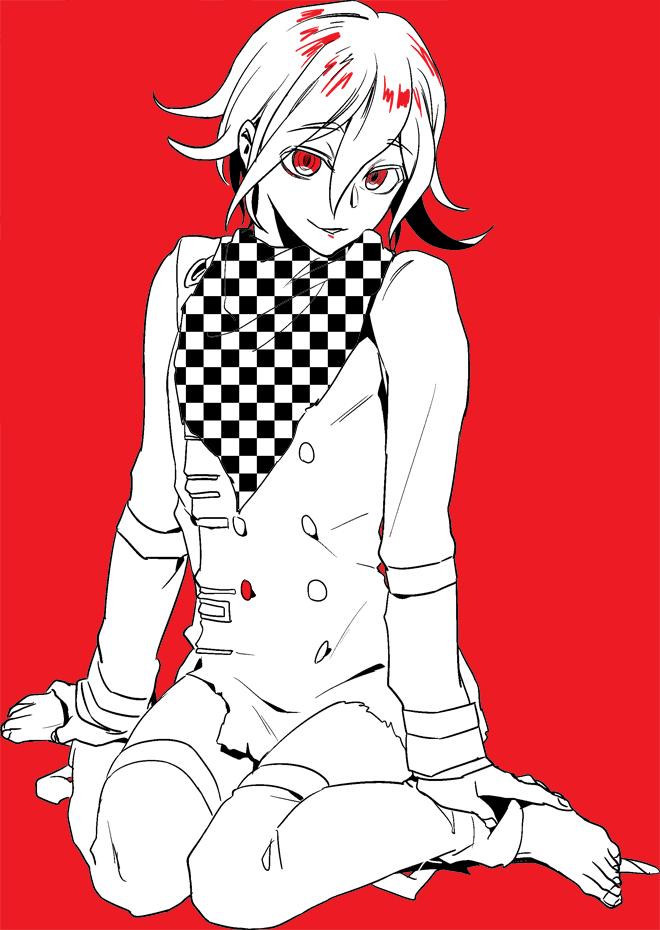 1boy, arm_belt, barefoot, belt, buttons, checkered_clothes, checkered_scarf, commentary_request
