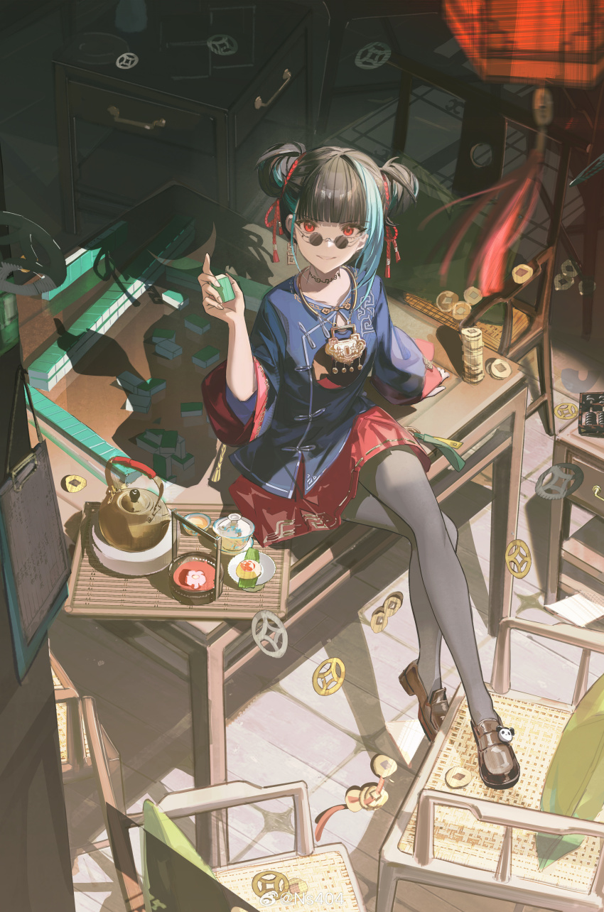 1girl, absurdres, aqua_hair, arm_support, black_hair, black_shoes, blue_shirt, blunt_bangs, brick_floor, chair, changmingsuo, changmingsuo_(guilongchao), clipboard, coin, crossed_legs, dim_sum, double_bun, from_above, full_body, gaiwan, grey_pantyhose, grin, guilongchao, hair_bun, hair_ribbon, hand_up, highres, holding, holding_mahjong_tile, holed_coin, indoors, lantern, loafers, long_sleeves, looking_at_viewer, looking_over_eyewear, mahjong, mahjong_tile, miniskirt, multicolored_hair, neck_tattoo, ns404, on_table, pantyhose, paper_lantern, red_eyes, red_ribbon, red_skirt, ribbon, round_eyewear, shirt, shoes, short_hair, single_sidelock, sitting, skirt, smile, solo, streaked_hair, sunglasses, table, tattoo, teapot, tray, watermark, weibo_watermark