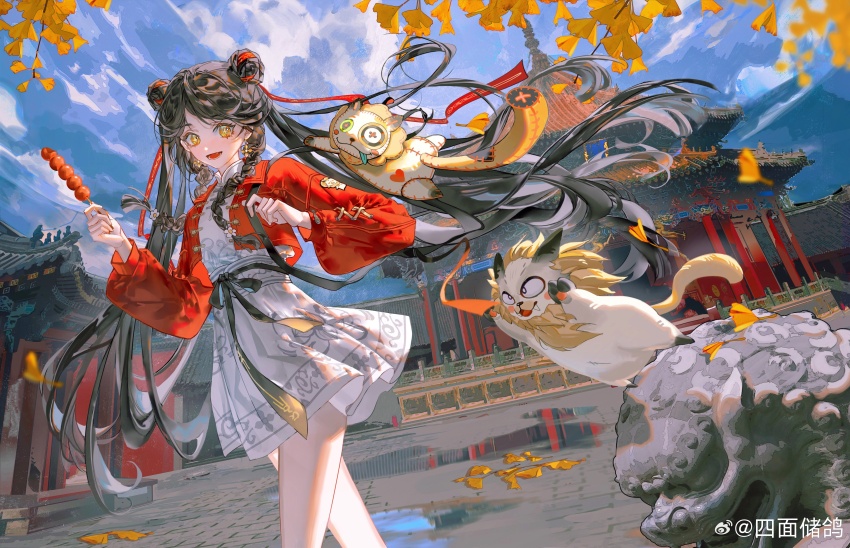 +_+, 1girl, :d, absurdres, animal_bag, architecture, black_hair, blue_sky