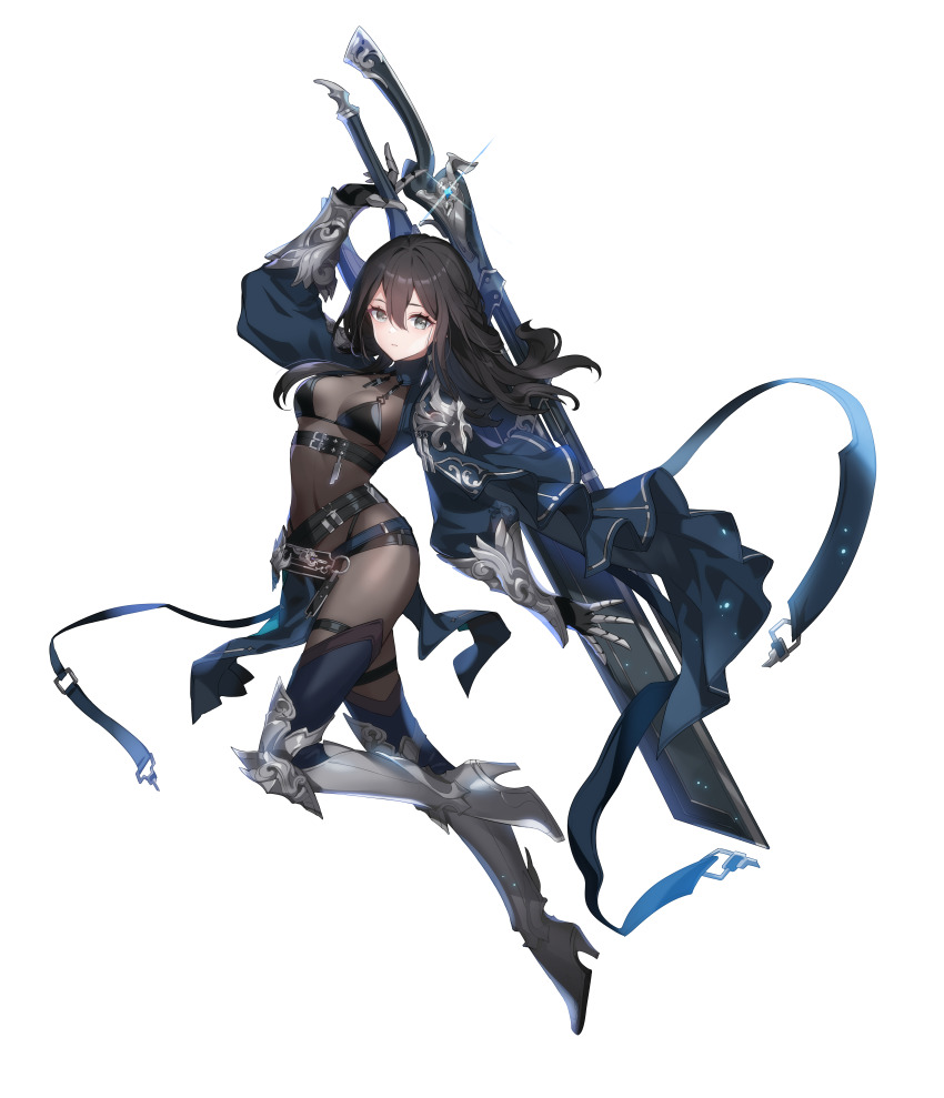 1girl, absurdres, armor, armored_boots, armored_gloves, belt, black_bra, black_gloves