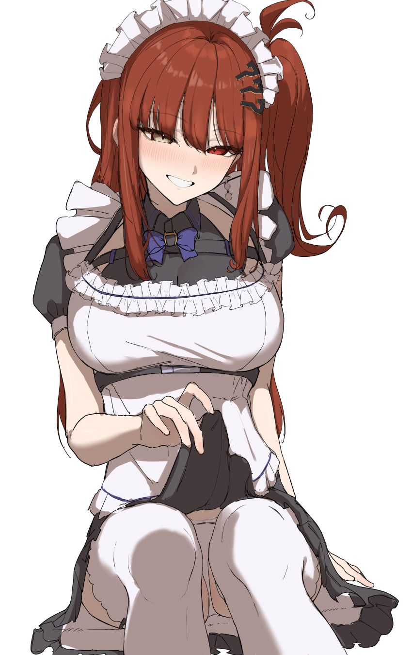 1girl, absurdres, alternate_costume, apron, black_dress, blue_bow, blue_bowtie, blush