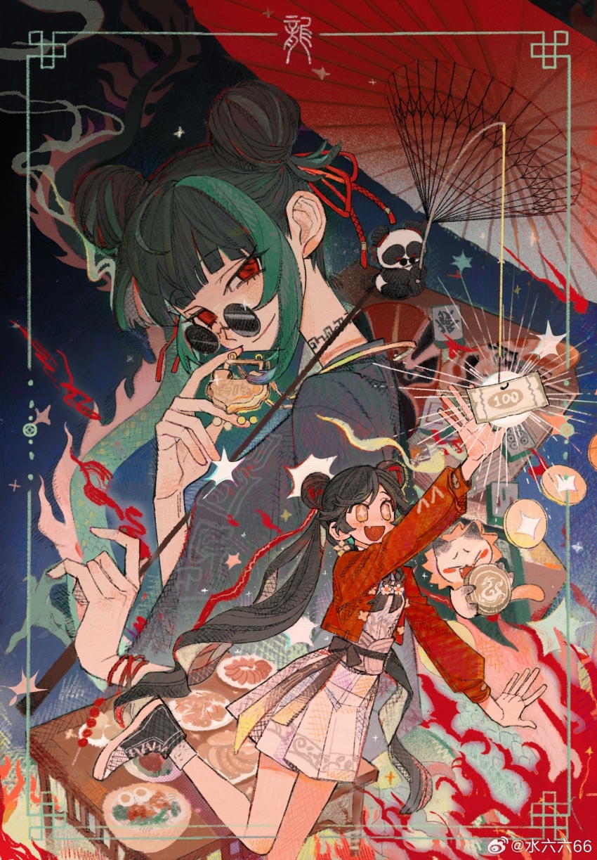 +_+, 2girls, :d, arm_up, banknote, black_footwear, black_hair, blue_background