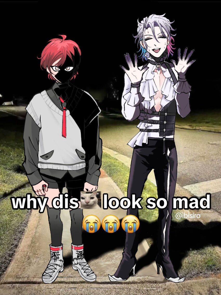 2boys, artist_name, black_socks, blue_hair, choker, closed_eyes, collared_shirt, colored_skin