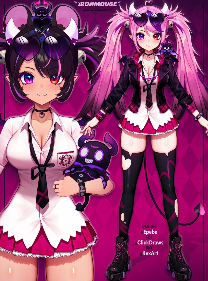 1girl, absurdres, ahoge, animal_ears, bell, black_choker, black_footwear, black_hair, black_jacket, black_necktie, black_thighhighs, boots, bracelet, breast_pocket, breasts, bubi_(ironmouse), character_name, choker, cleavage, clickdraws, clothing_cutout, collarbone, collared_shirt, demon_tail, ear_piercing, eyewear_on_head, fang, hair_bell, hair_ornament, heart, heart-shaped_eyewear, heart_ahoge, heart_cutout, heterochromia, highres, horns, ironmouse, ironmouse_(school_uniform), jacket, jewelry, mouse_ears, multicolored_hair, necktie, open_clothes, open_jacket, piercing, pink_hair, pink_skirt, pleated_skirt, pocket, pointy_ears, purple_eyes, purple_hair, red_eyes, shirt, skin_fang, skirt, spiked_bracelet, spikes, streaked_hair, tail, tan, thighhighs, torn_clothes, torn_thighhighs, twintails, virtual_youtuber, vshojo, white_shirt