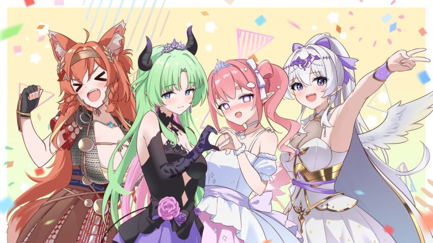 >_<, 4girls, ahoge, airi_viridis, animal_ear_fluff, animal_ears, armor, black_dress, black_gloves, blue_eyes, breasts, cleavage, cloud_hair_ornament, colored_inner_hair, confetti, dress, earrings, elia_stellaria, feathered_wings, fingerless_gloves, flower, gloves, green_hair, hair_ornament, heart, heart_hands, jewelry, kirispica, kitatyoco, large_breasts, laurels, medium_breasts, mozumi_pichi, mozumi_pichi_(roman), multicolored_hair, multiple_girls, open_mouth, orange_hair, pink_flower, pink_hair, pink_rose, pleated_dress, pointy_ears, purple_eyes, purple_flower, purple_ribbon, purple_rose, ribbon, roman_armor, rose, see-through_cleavage, see-through_clothes, small_breasts, star_(symbol), star_hair_ornament, tail, teeth, tiara, upper_teeth_only, v, v-dere, virtual_youtuber, white_dress, white_ribbon, white_wings, wings, wolf_ears, wolf_girl, wolf_tail