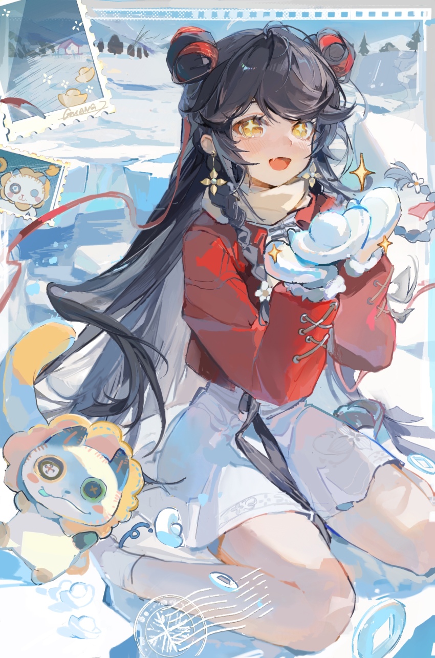 +_+, 1girl, :d, absurdres, animal_hands, black_hair, double_bun, dress, fang, full_body, gloves, guang_(guilongchao), guilongchao, hair_bun, hands_up, highres, jacket, long_hair, open_mouth, outdoors, paw_gloves, postage_stamp, postmark, procreate_(medium), red_jacket, scarf, short_dress, sitting, smile, snow, socks, solo, stuffed_animal, stuffed_cat, stuffed_toy, toki_yuan_yuan, wariza, white_dress, white_gloves, white_scarf, white_socks, yellow_eyes