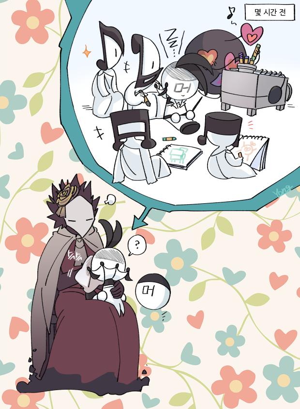 1girl, 5others, ascot, black_gloves, cape, closed_eyes, colored_skin, crayon