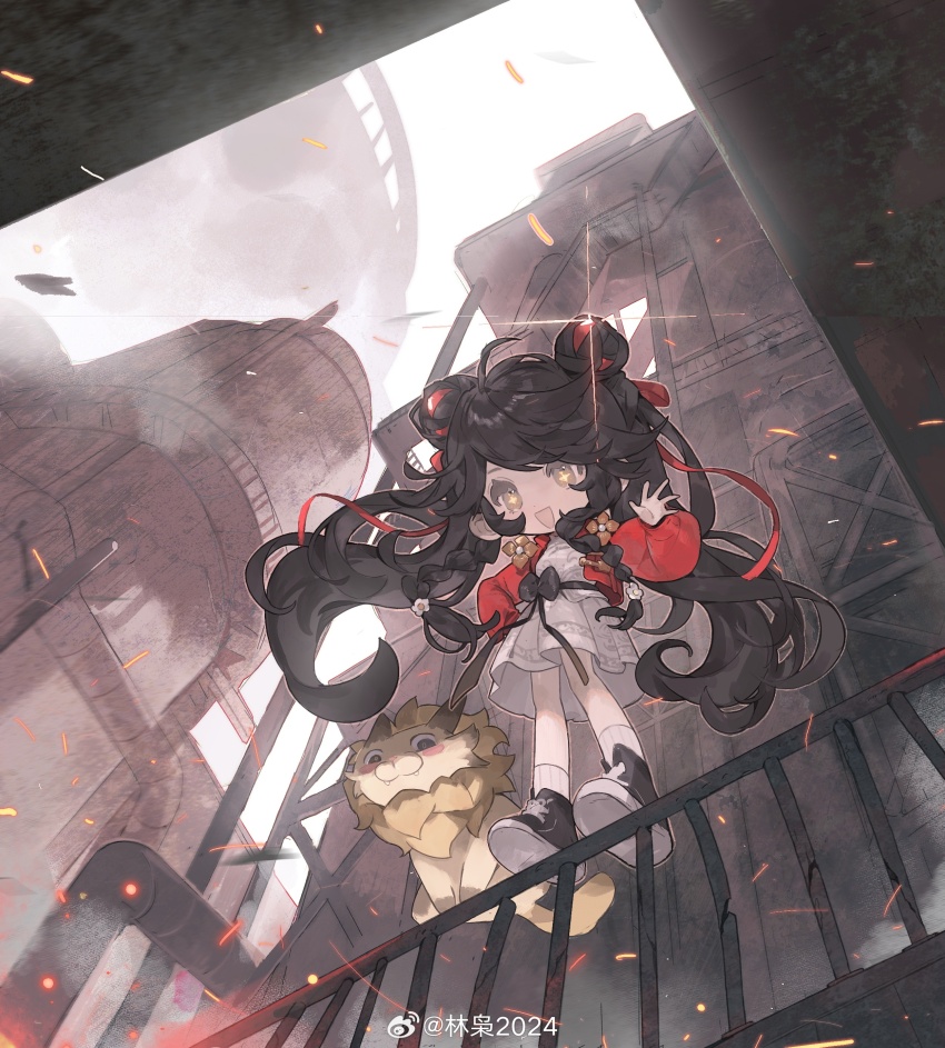 +_+, 1girl, :d, absurdres, ankle_boots, black_boots, black_hair, boots