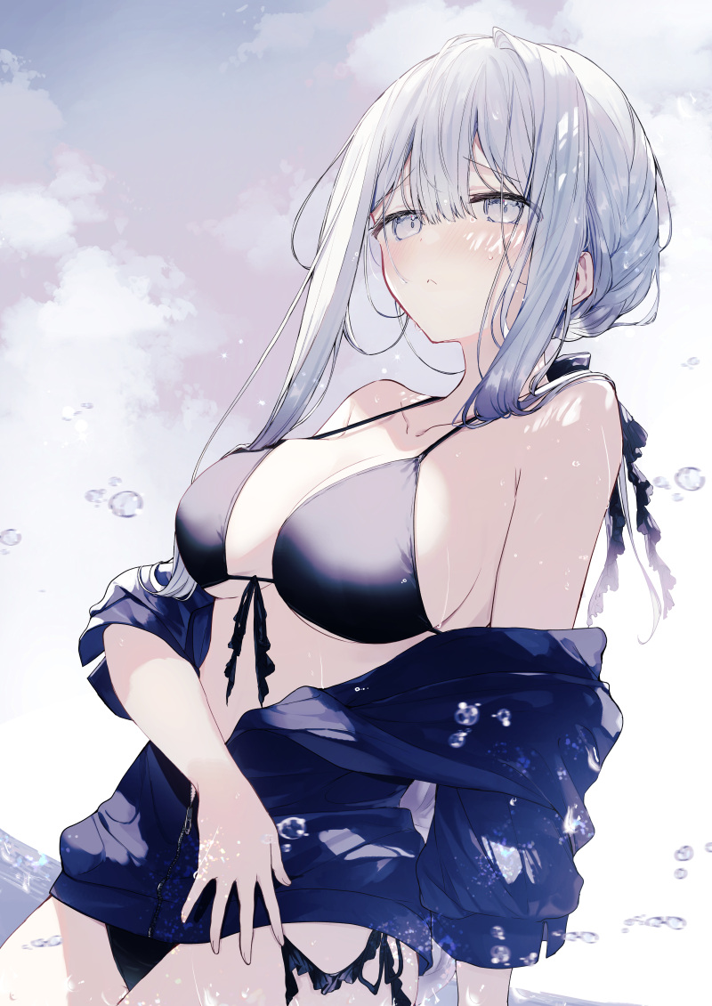 1girl, :c, arm_at_side, bikini, bikini_under_clothes, black_bikini, blue_jacket, blush, breasts, cleavage, closed_mouth, cloud, cloudy_sky, collarbone, cowboy_shot, day, dot_nose, dutch_angle, from_side, front-tie_bikini_top, front-tie_top, furrowed_brow, fuyukawa_kagari, hair_between_eyes, hakanai_kimi_wa_moukou_wo_hajimeru, hand_on_own_chest, huge_breasts, jacket, kazutake_hazano, looking_at_viewer, off_shoulder, outdoors, partially_unzipped, short_hair_with_long_locks, side-tie_bikini_bottom, sidelocks, sky, solo, swimsuit, water_drop, white_eyes, white_hair