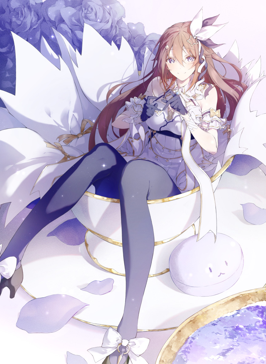 1girl, absurdres, asahi_tsujino, black_gloves, blue_eyes, blue_flower, blue_rose, blush