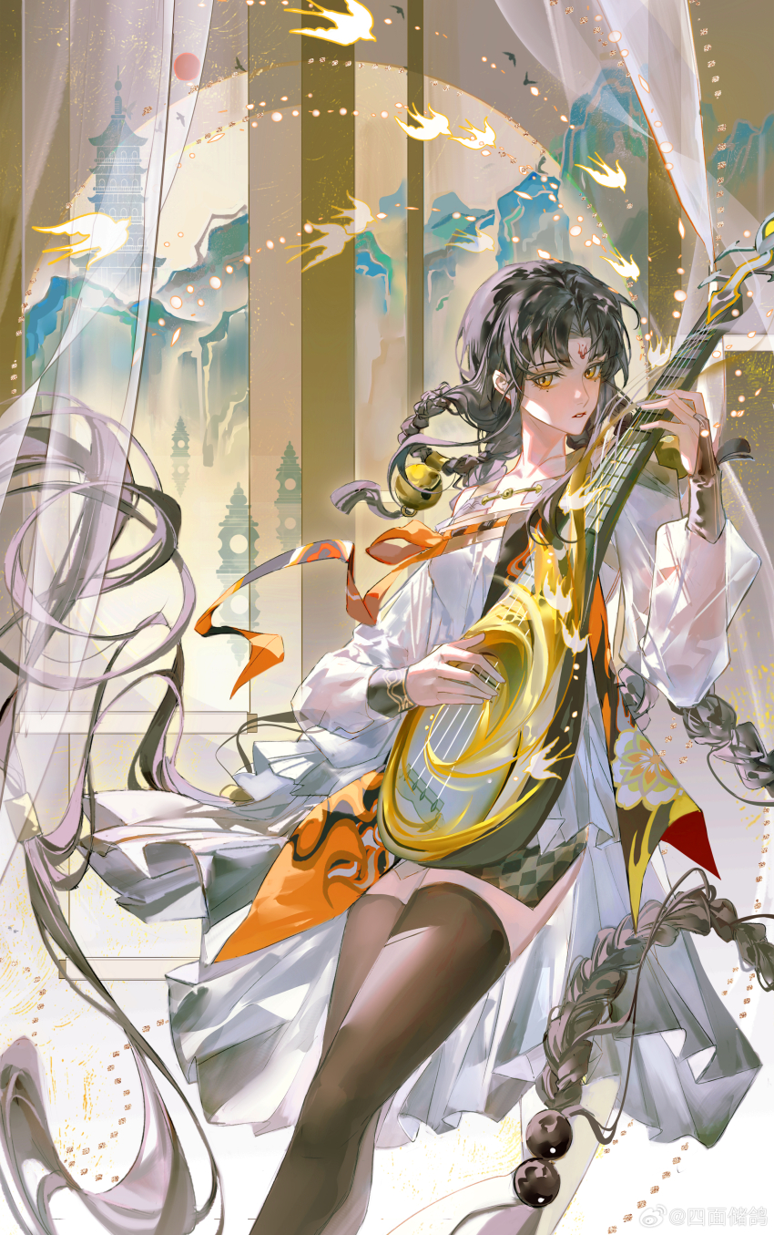 1girl, absurdres, bailu_(guilongchao), bell, bird, black_hair, black_thighhighs, braid, braided_hair_rings, brown_background, curtains, dress, facial_mark, feet_out_of_frame, forehead_mark, guilongchao, hair_bell, hair_ornament, hair_rings, highres, holding, holding_instrument, instrument, long_hair, long_sleeves, mountain, music, orange_eyes, pagoda, parted_bangs, parted_lips, pipa_(instrument), playing_instrument, puffy_long_sleeves, puffy_sleeves, see-through_curtains, short_dress, simian_chuge, solo, standing, thighhighs, twin_braids, very_long_hair, watermark, weibo_watermark, white_dress