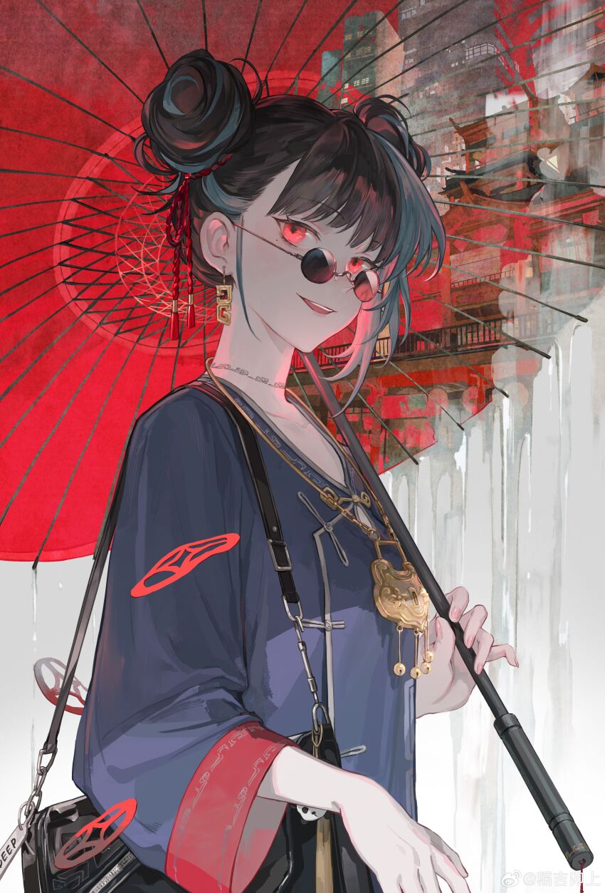 1girl, :d, absurdres, aqua_hair, architecture, bag, black_bag, black_hair