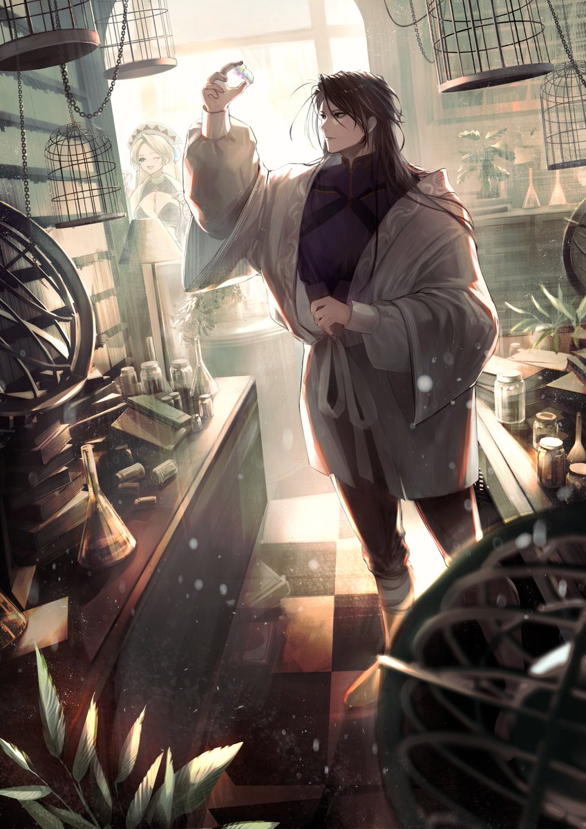 1boy, 1girl, atelier_(series), atelier_marie, backlighting, birdcage, black_hair, book