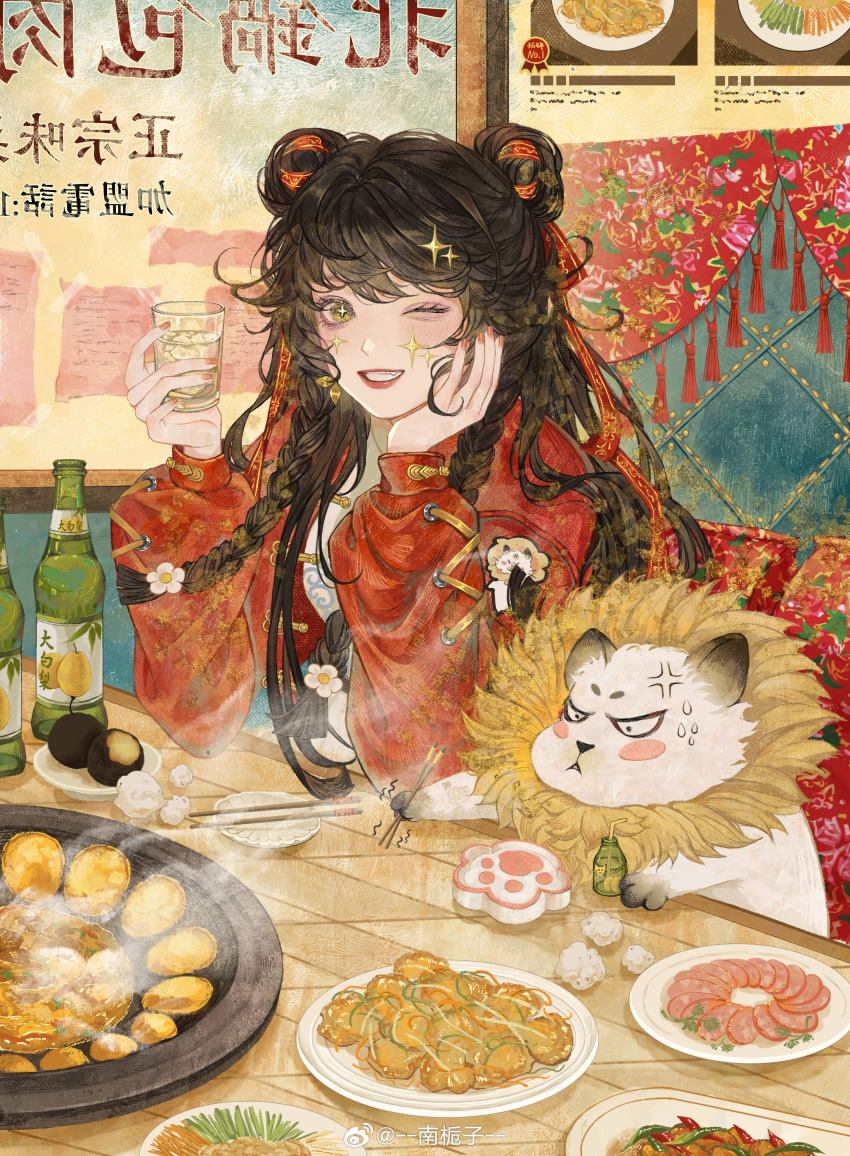 +_+, 1girl, absurdres, anger_vein, black_hair, bottle, cat, chopsticks