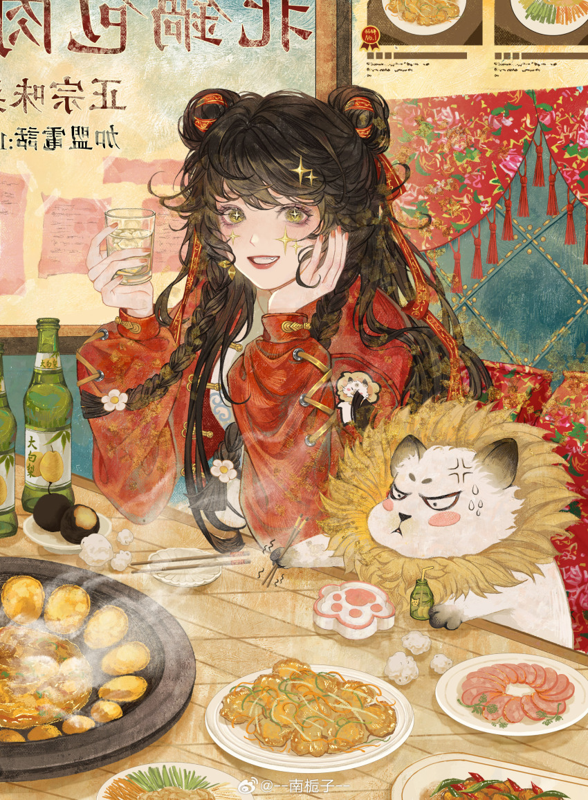 +_+, 1girl, absurdres, anger_vein, black_hair, bottle, cat, chopsticks