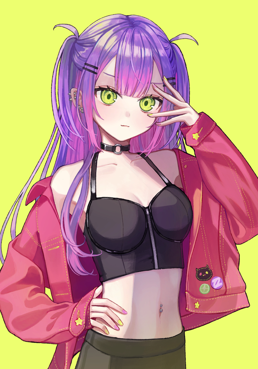 1girl, absurdres, bibi_(tokoyami_towa), black_bustier, black_choker, blunt_bangs, blush, bustier