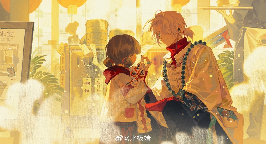 1boy, 1girl, :3, absurdres, backlighting, bamboo_steamer, bead_necklace, beads