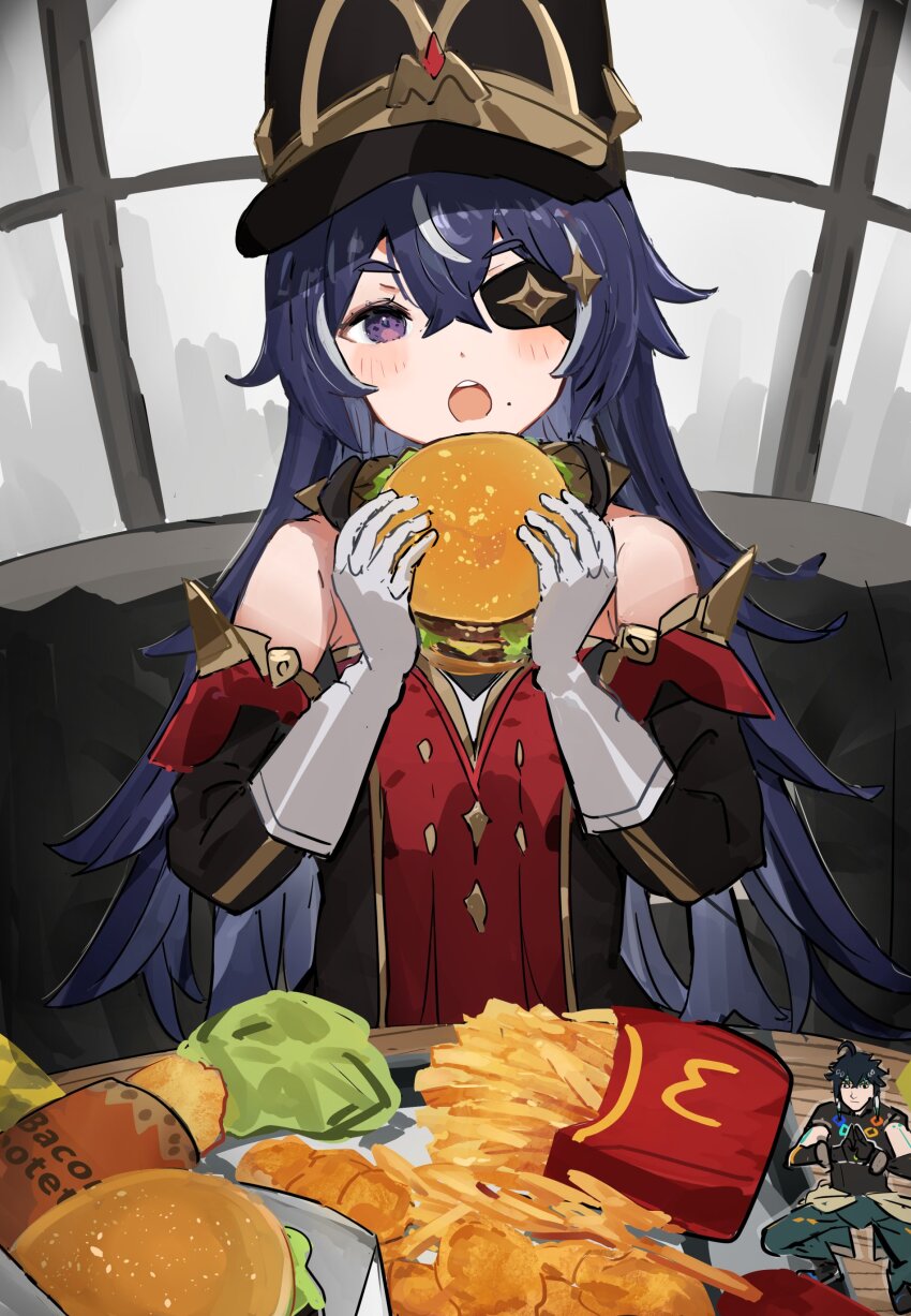 1girl, :o, absurdres, action_figure, balancing_sasuke, black_hat, burger, chevreuse_(genshin_impact), chicken_nuggets, dress, eyepatch, food, french_fries, gloves, hands_up, hat, highres, holding, holding_burger, holding_food, kinich_(genshin_impact), long_hair, looking_at_viewer, mcdonald's, mole, mole_under_mouth, naruto_(series), open_mouth, parody, purple_eyes, purple_hair, sugiyama_noriaki, the_olphy, very_long_hair, voice_actor_connection, white_gloves