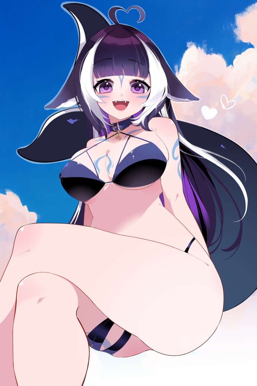 1girl, ahoge, animal_collar, bare_shoulders, bikini, black_bikini, black_collar, black_hair, body_markings, breasts, cetacean_tail, cloud, collar, crossed_legs, facial_mark, fangs, fins, fish_tail, heart, heart_ahoge, highres, himary_art, indie_virtual_youtuber, long_hair, multicolored_hair, purple_eyes, shylily, shylily_(bikini), sky, solo, streaked_hair, swimsuit, tail, two-tone_hair, virtual_youtuber, white_hair