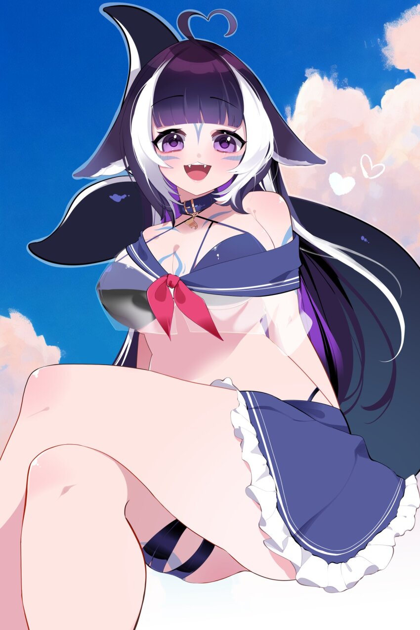 1girl, ahoge, animal_collar, bare_shoulders, bikini, black_bikini, black_collar, black_hair, blue_sailor_collar, blue_skirt, breasts, cetacean_tail, cleavage, cloud, collar, crop_top, crossed_legs, facial_mark, fangs, fins, fish_tail, frilled_skirt, frills, heart, heart_ahoge, highres, himary_art, indie_virtual_youtuber, long_hair, multicolored_hair, pink_ribbon, purple_eyes, ribbon, sailor_collar, see-through_clothes, see-through_shirt, shirt, shylily, shylily_(1st_costume), skirt, sky, solo, streaked_hair, swimsuit, tail, two-tone_hair, virtual_youtuber, white_hair