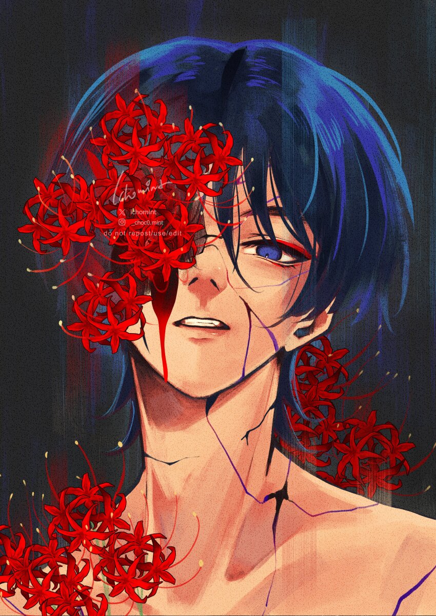 1boy, absurdres, bare_shoulders, blood, blood_on_face, blue_hair, blunt_ends, broken_skin