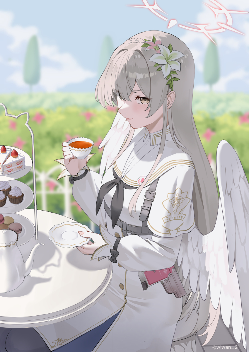 1girl, absurdres, black_neckerchief, blue_archive, blue_sky, cake, closed_mouth, cloud