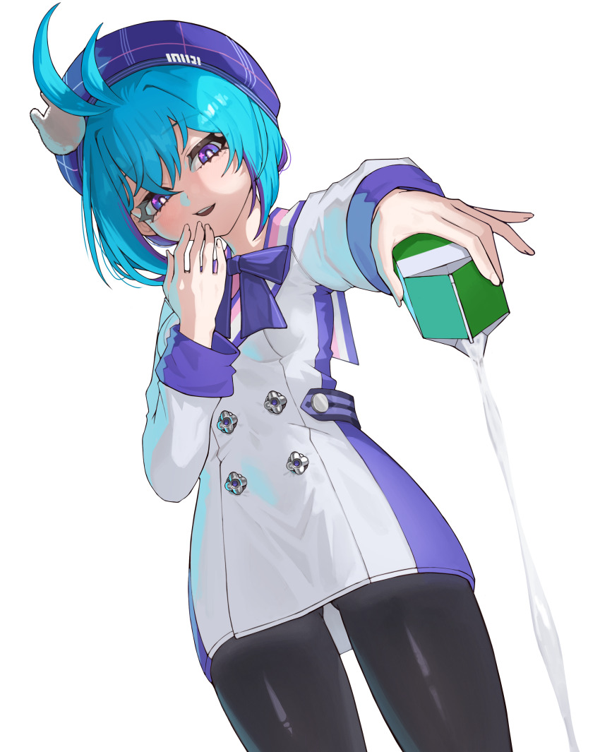 1girl, :d, absurdres, ahoge, alternate_costume, beret, black_pantyhose, blue_eyes, blue_hair, bow, bowtie, buttons, commentary, drink_carton, evil_smile, hat, highres, holding, holding_milk_carton, ibr, kartrider, kartrider:_drift, korean_commentary, light_blush, looking_at_viewer, milk, milk_carton, miso_(kartrider:_drift), multicolored_eyes, multicolored_hair, official_alternate_costume, open_mouth, pantyhose, purple_eyes, sailor_collar, school_uniform, short_hair, simple_background, smile, sweater, two-tone_hair, white_background