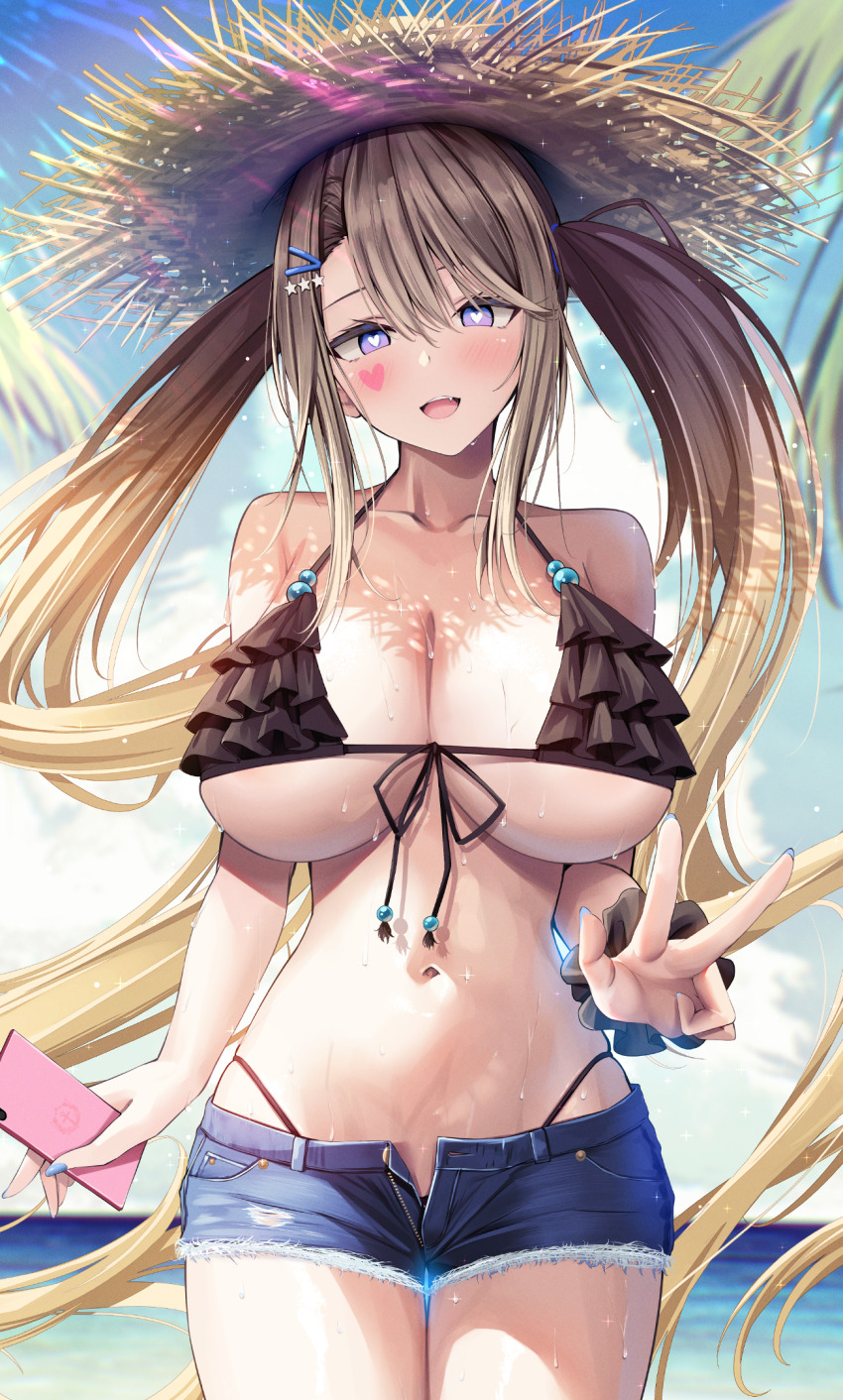 1girl, alternate_costume, azur_lane, bikini, blonde_hair, blue_sky, breasts, cellphone