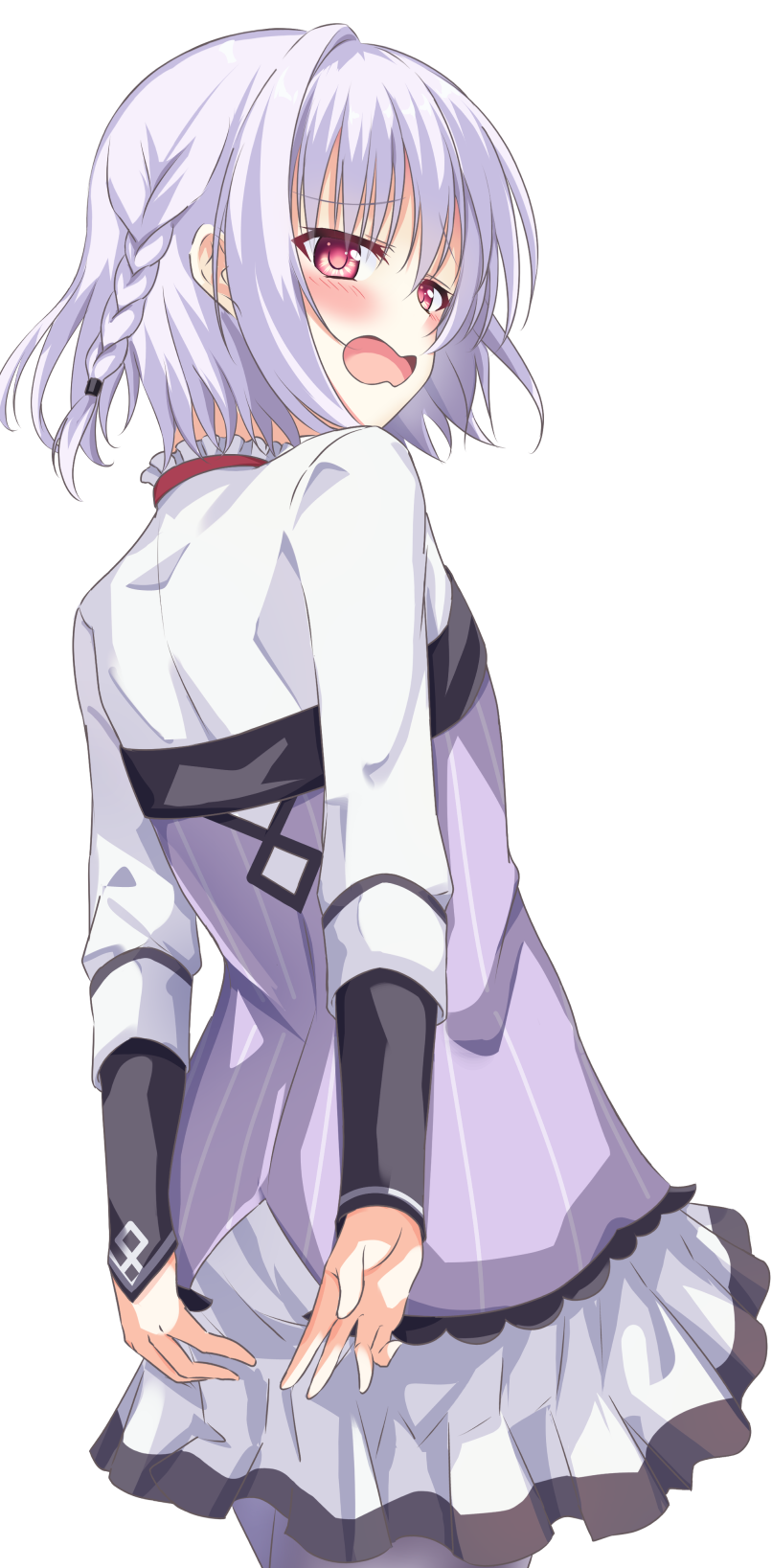 1boy, 2024, arms_behind_back, asuka_minato, blue_hair, braid, commentary_request, cowboy_shot, dated_commentary, embarrassed, eyes_visible_through_hair, frilled_shirt, frills, from_behind, hair_between_eyes, highres, looking_at_viewer, looking_back, male_focus, medium_hair, miniskirt, open_mouth, otome_domain, pleated_skirt, pnsk4125, purple_shirt, red_eyes, shirt, simple_background, single_braid, single_hair_intake, skirt, sleeves_past_wrists, solo, striped_clothes, striped_shirt, trap, tsurime, vertical-striped_clothes, vertical-striped_shirt, wavy_mouth, white_background, white_skirt