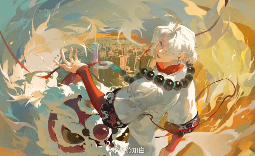 1boy, :d, bead_necklace, beads, building, city, from_behind, fuyun_(guilongchao), green_eyes, guilongchao, hand_up, jacket, jewelry, layered_sleeves, lion_dance, long_sleeves, male_focus, necklace, open_mouth, short_hair, short_over_long_sleeves, short_sleeves, side_ponytail, skyscraper, smile, solo, upper_body, watermark, weibo_watermark, white_hair, white_jacket, yanzhi_bai