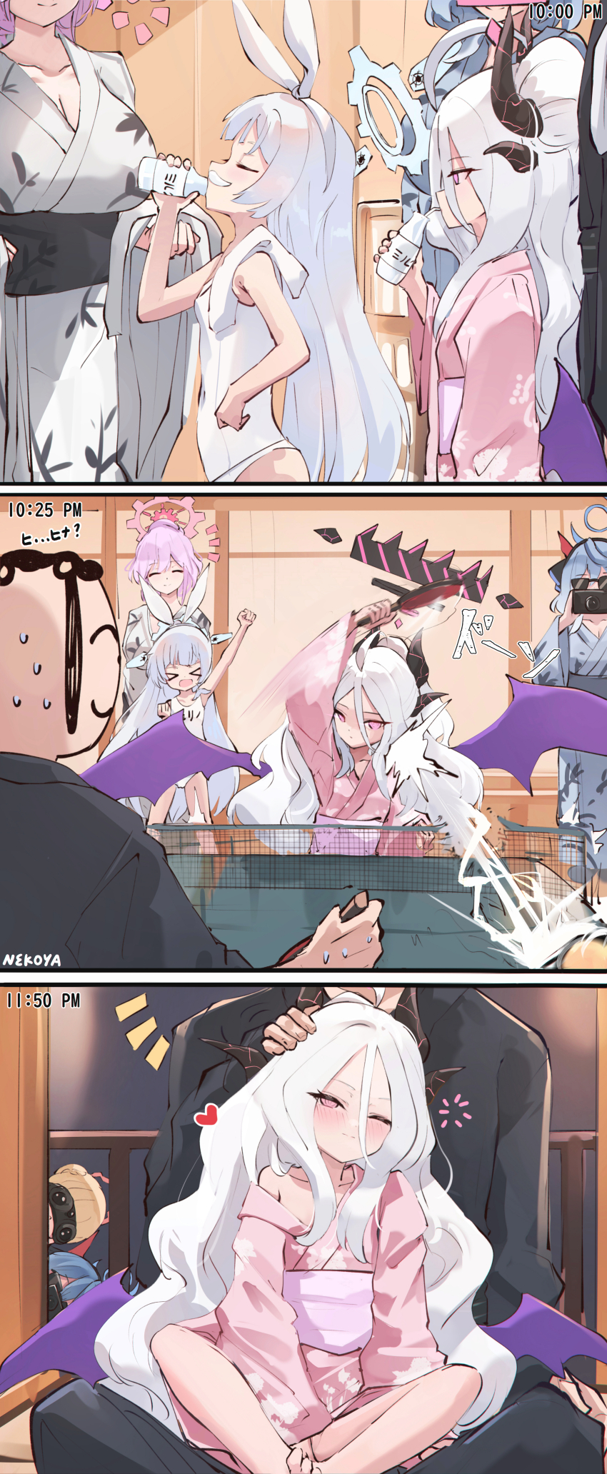 1boy, 5girls, absurdres, ahoge, ako_(blue_archive), bath_yukata, blonde_hair, blue_archive